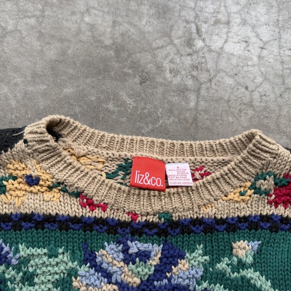 Liz Claiborne Liz & Co Sweater Womens Small Colorful Floral Knit Cotton Pullover - Picture 4 of 7